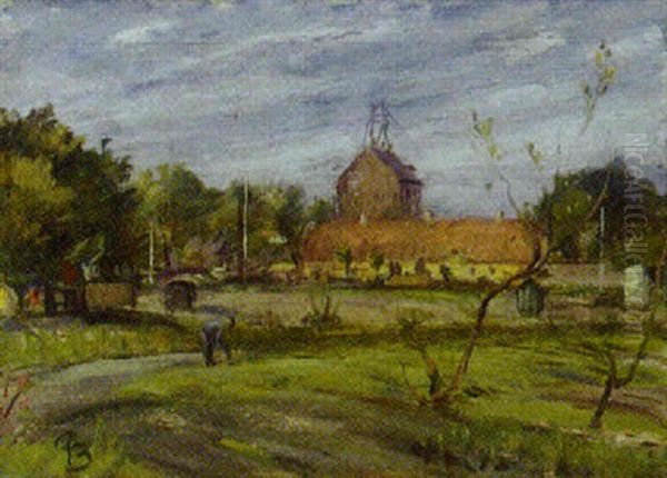 Mand Pa Markarbejde, I Baggrunden En By Oil Painting by Peter Rostrup Boyesen