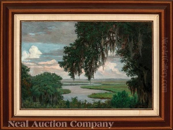 Oak Tree Draped With Spanish Moss, Louisiana Bayou Landscape Oil Painting by Charles Wellington Boyle