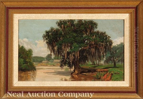 Live Oak With Farm Around The Bend, Southern Louisiana Oil Painting by Charles Wellington Boyle