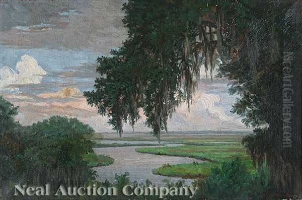 Oak Tree Draped With Spanish Moss, Louisiana Bayou Landscape Oil Painting by Charles Wellington Boyle