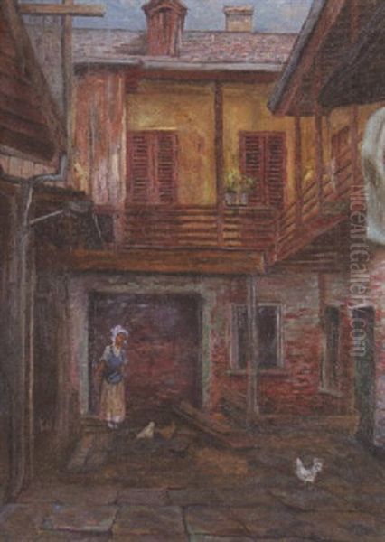 French Quarter Courtyard With Girl Feeding The Chickens Oil Painting by Charles Wellington Boyle