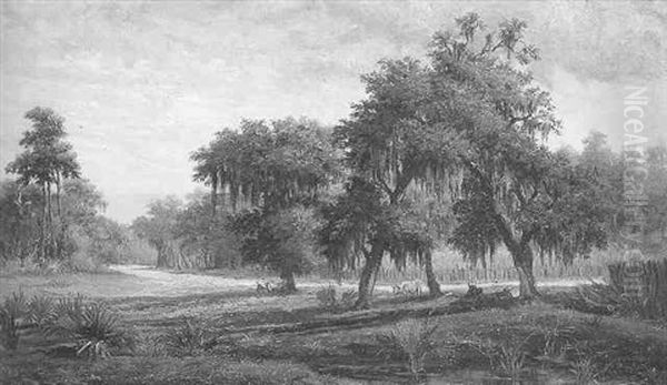 Louisiana Landscape With Cattle Grazing In The Shade Of Oaks At Roadside Oil Painting by Charles Wellington Boyle