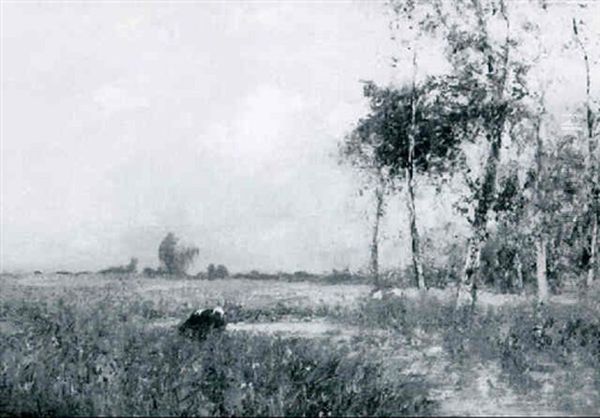 Marshy Landscape With Cows, Fields And Live Oaks In The Distance Oil Painting by Charles Wellington Boyle