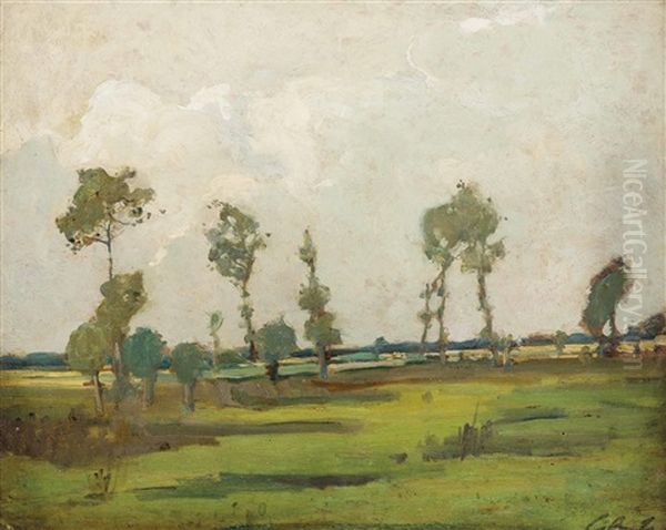 Feldlandschaft Mit Vereinzelten Baumen, Im Hintergrund Ein Dorf Oil Painting by George Boyle