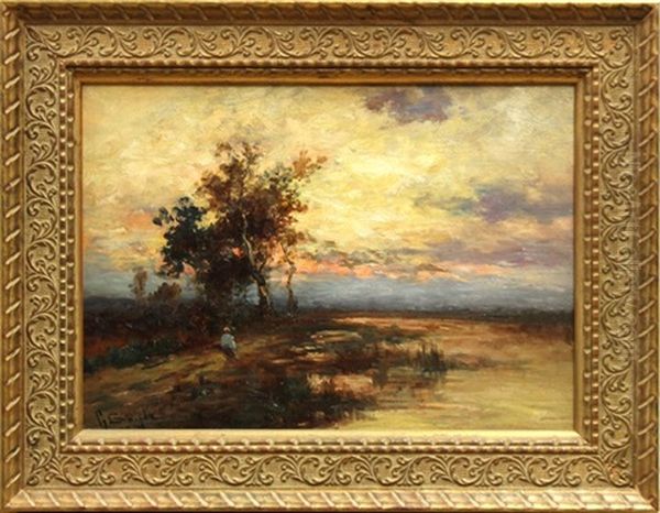 Figure By A River At Sunset Oil Painting by George A. Boyle