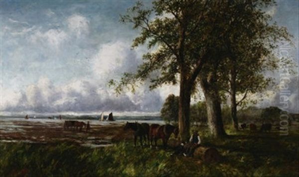 Weite Kustenlandschaft Bei Ebbe. Vorn Ein Rastender Bauer Bei Seinen Pferden Oil Painting by George A. Boyle