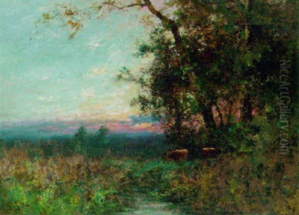 Cattle In A Water Meadow At Dusk Oil Painting by George A. Boyle