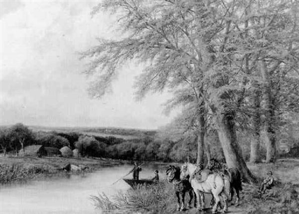 Extensive English Landscape With Figures Boating Across A Stream And Horses Resting On The Bank Oil Painting by George A. Boyle