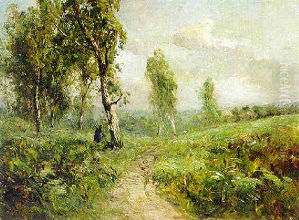 A Figure Before A Tree In An Extensive Landscape Oil Painting by George A. Boyle