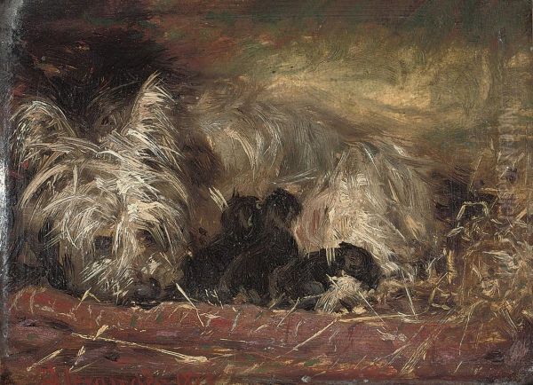 A Terrier And Puppies In A Stable Oil Painting by Robert L. Alexander