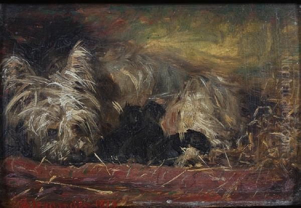 Long Haired Terrier And Pups Oil Painting by Robert L. Alexander