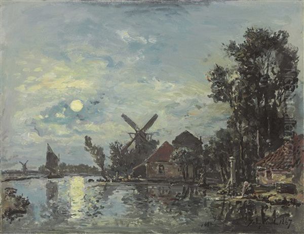 Effet De Lune Sur L'estuaire, Hollande Oil Painting by Johan Henri Braakensiek