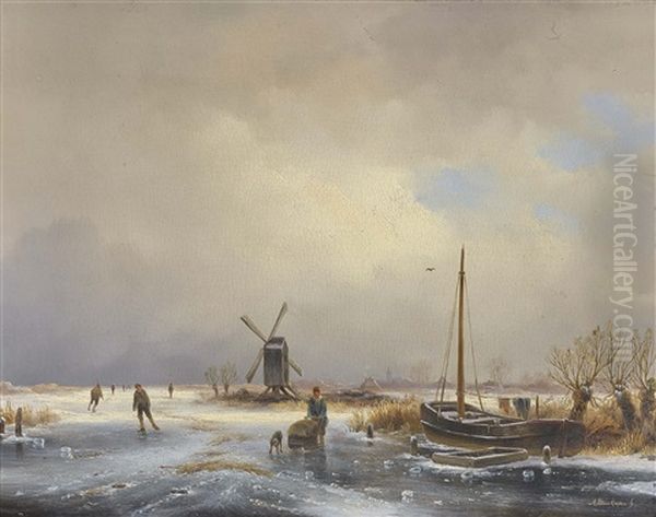 Hollandische Winterlandschaft Mit Schlittschuhlaufern Oil Painting by Anton Braakman