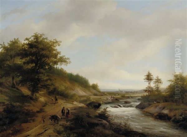 A Panoramic River Landscape With Travellers On A Path by Anton Braakman