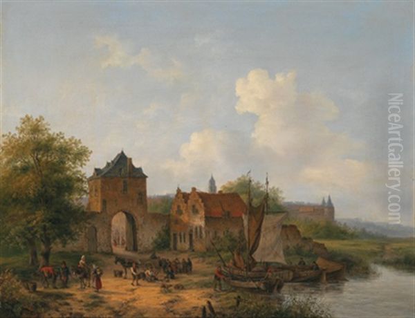 Blick Auf Ein Hollandisches Stadtchen Mit Fischern Beim Entladen Des Fangs Oil Painting by Anton Braakman