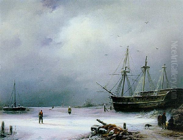 Figures Near A Tall Ship On A Frozen River Oil Painting by Anton Braakman