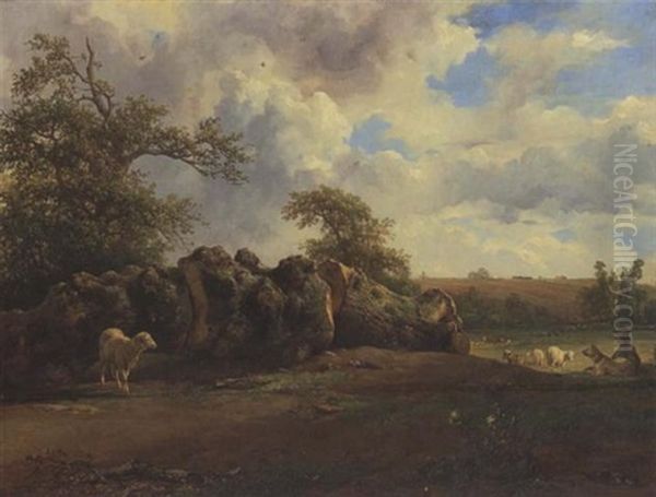 Hirte Mit Schafen Bei Einem Gefallten Baum Oil Painting by Jacques Raymond Bracassat