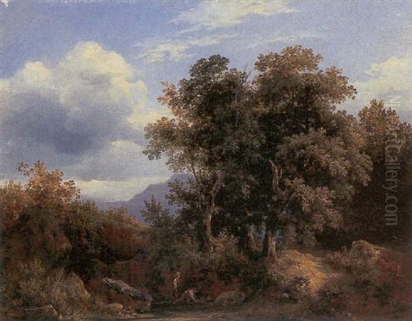 Wooded Landscape With Two Figures At A Spring Oil Painting by Jacques Raymond Bracassat