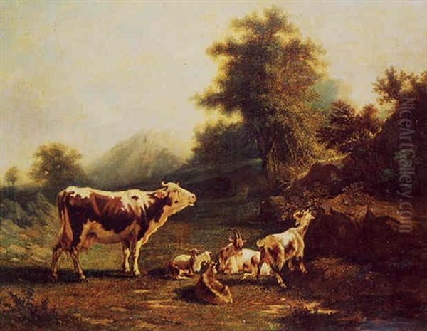 Vache, Boucs Et Chevres Dans Un Paysage Champetre Oil Painting by Jacques Raymond Bracassat