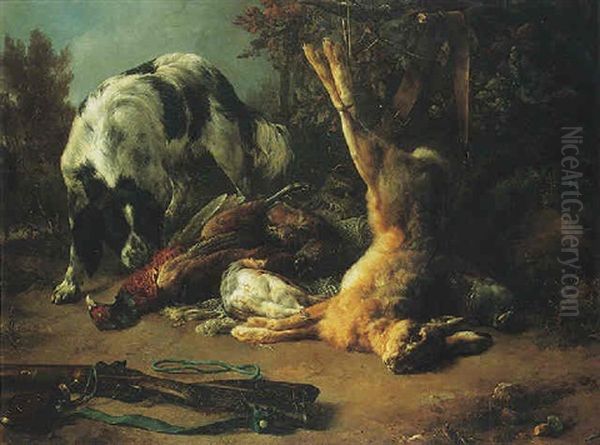 A Hunting Still Life With A Hound Sniffing Some Dead Game, Including A Male Pheasant, A Grouse And A Hung Hare Oil Painting by Jacques Raymond Bracassat