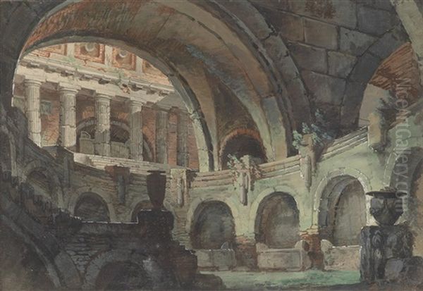 Architekturcapriccio: Antike Interieurs Mit Gewolben, Stiegen Und Saulenformationen (2 Works) Oil Painting by Mauro Braccioli