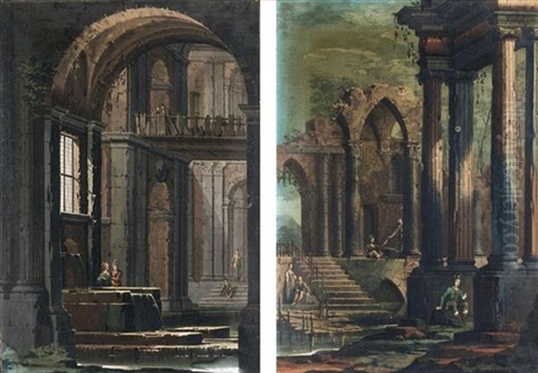 Veduta Di Fantasia Di Interno Di Chiesa Con Figure E Fontana (+ Capriccio Architettonico Con Rovine E Figure; Pair) Oil Painting by Mauro Braccioli