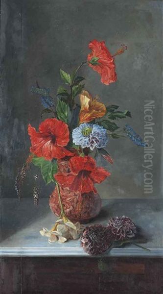 Hibiscus, Freesias, Dahlias, And Bluebells On A Marble Topped Sideboard Oil Painting by Jose Maria Bracho Murillo