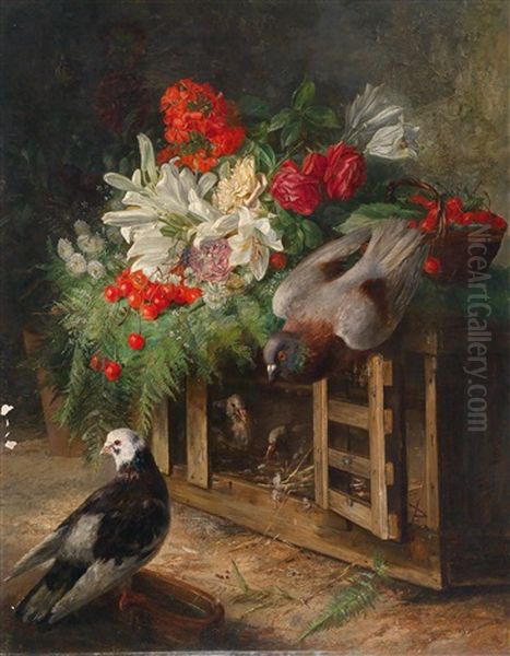 Ein Blumenarrangement Auf Einem Taubenschlag Oil Painting by Jose Maria Bracho Murillo