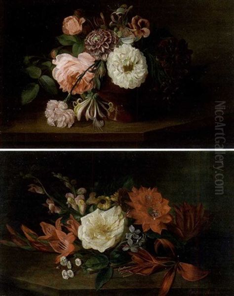 Bouquet De Fleurs Sur Une Table (+ Another, Similar; Pair) Oil Painting by Jose Maria Bracho Murillo