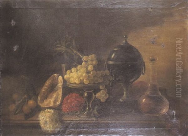 Nature Morte A La Coupe De Raisins, Coquillages Et Fontaine Sur Un Entablement Oil Painting by Jose Maria Bracho Murillo