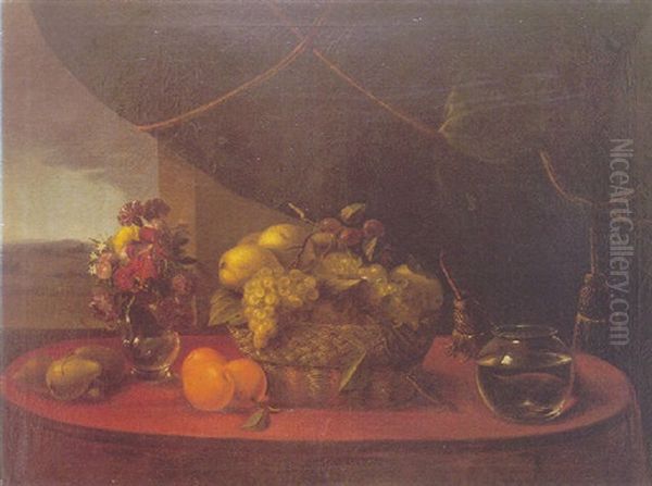 Bodegon De Frutas Y Flores Sobre Una Mesa Oil Painting by Jose Maria Bracho Murillo