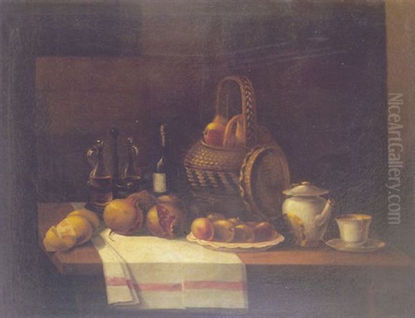 Bodegon De Ganadas, Cesta Y Botella De Vino Sobre Una Mesa Oil Painting by Jose Maria Bracho Murillo