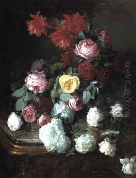 Still Life With Flowers On A Marble Table Oil Painting by Jose Maria Bracho Murillo