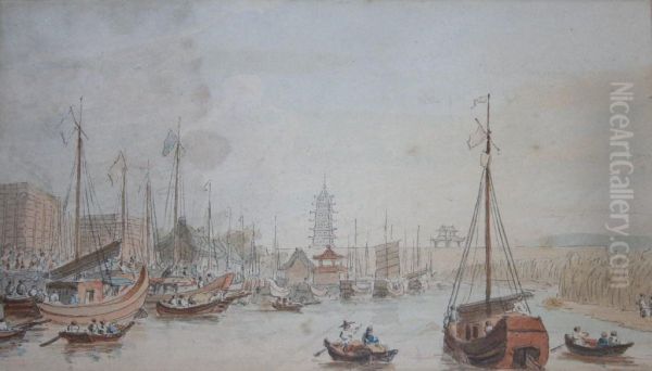 A Busy Chinese Port Oil Painting by William Alexander