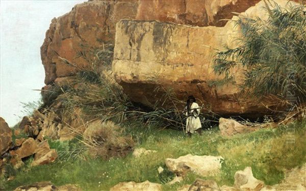 A Bedouin At Ain Djiddy Gorge Near The Dead Sea Oil Painting by Eugen Felix Prosper Bracht