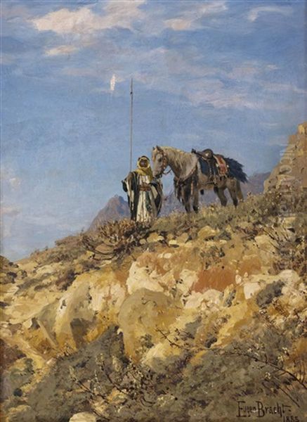 Beduine Mit Pferd Als Kundschafter In Felsenlandschaft Oil Painting by Eugen Felix Prosper Bracht