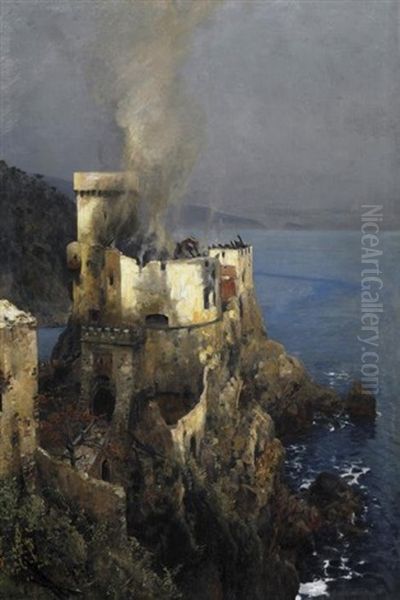 Finale An Der Italienischen Riviera. Die Brennende Buraganlage Auf Der Felsnadel Am Meer Oil Painting by Eugen Felix Prosper Bracht