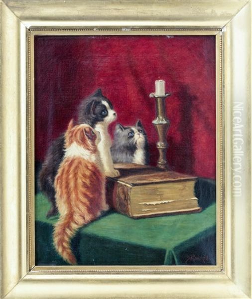 Kittens Eyeing A Burning Candle Oil Painting by Sidney Lawrence Brackett