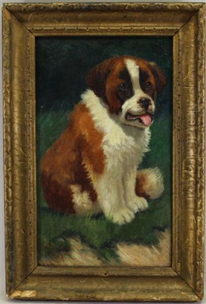 Painting Of A St. Bernard Pup Oil Painting by Sidney Lawrence Brackett