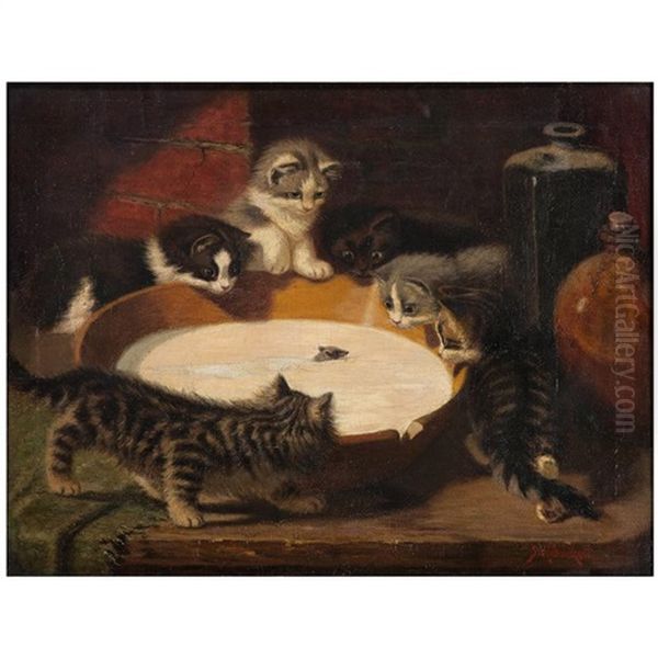 Kittens Around Milk Bowl With Mouse Oil Painting by Sidney Lawrence Brackett