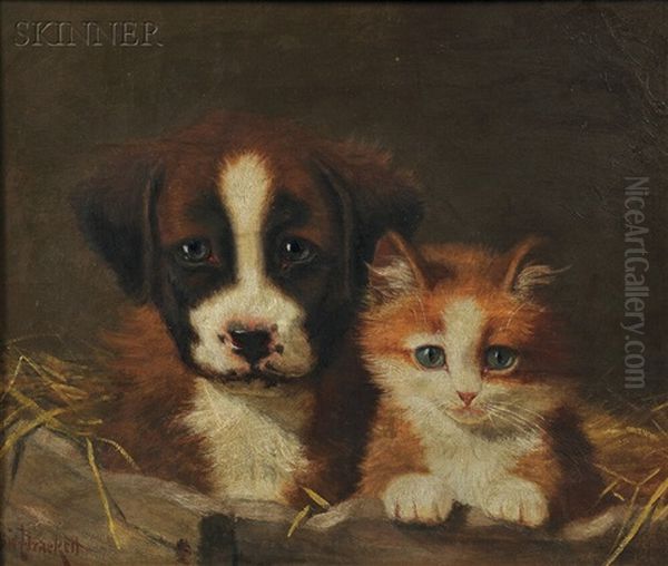 Kitten And Puppy In A Manger Oil Painting by Sidney Lawrence Brackett