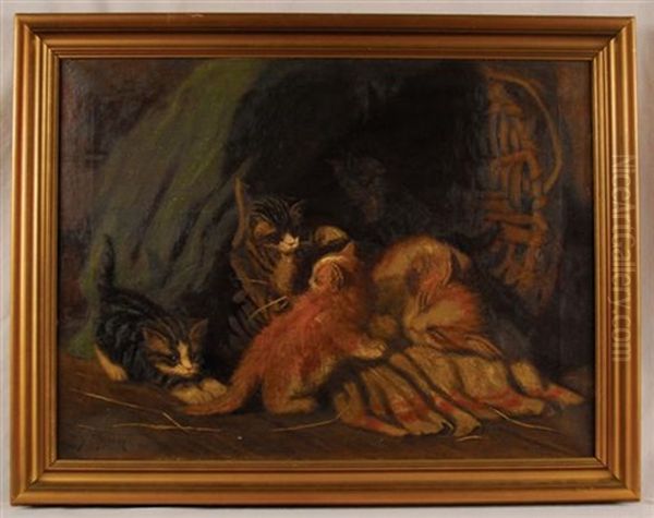 Kittens Frolicking With Mom Oil Painting by Sidney Lawrence Brackett