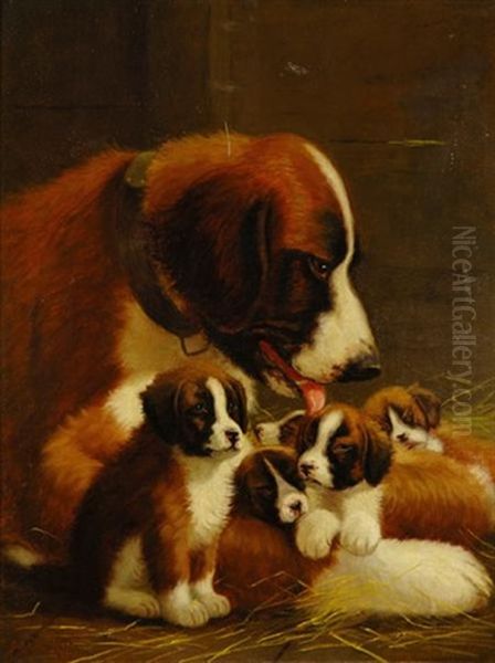 Tender Loving Care - A Mother Saint Bernard And Her Pups Oil Painting by Sidney Lawrence Brackett