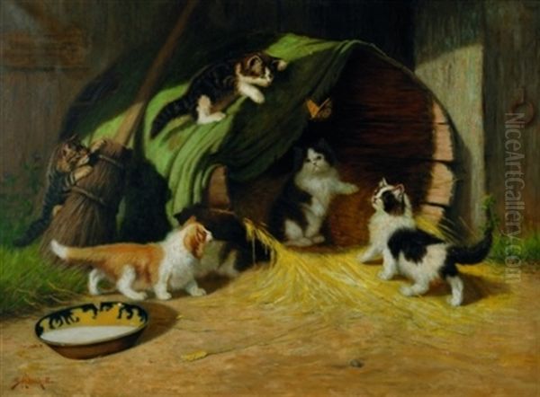 Kittens In The Barnyard Oil Painting by Sidney Lawrence Brackett