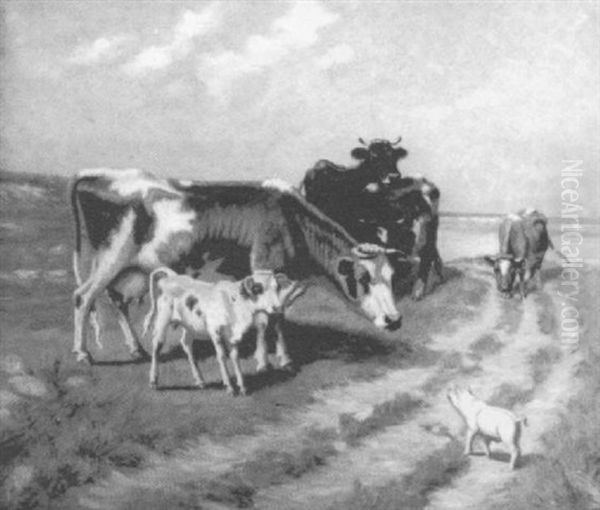 Cows And Pig In A Pasture Oil Painting by Sidney Lawrence Brackett