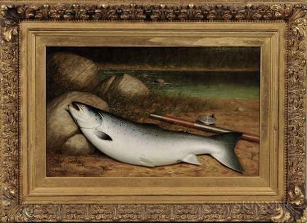 Trout, Rod And Reel On A Riverbank Oil Painting by Walter M. Brackett