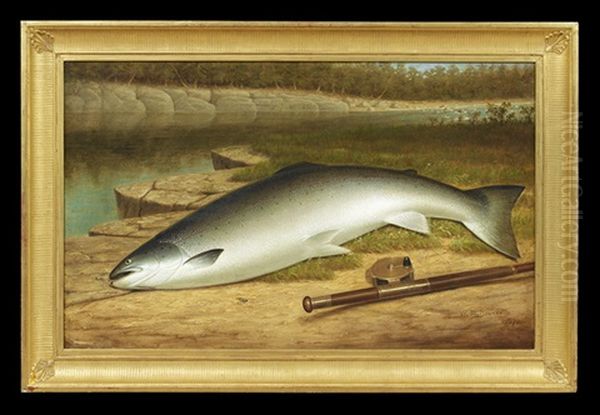 The Big Catch, A Salmon On A River Bank Oil Painting by Walter M. Brackett