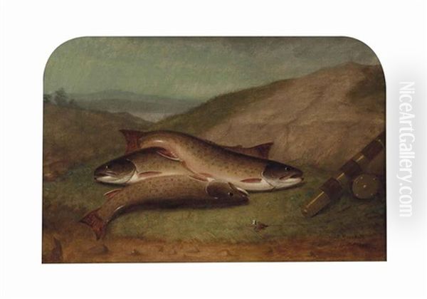 Catch Of The Day, Trout On A Riverbank Oil Painting by Walter M. Brackett