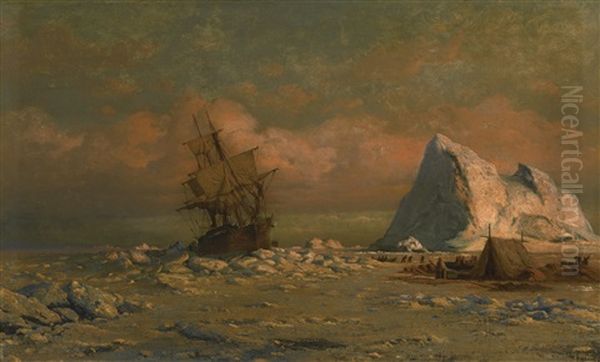 Shipping Vessel With Ice Floes And Figures Oil Painting by William Bradford