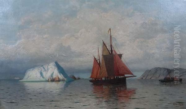 An Artic Iceberg And Fishermen With Clinker-planked Cape Island Type Boats And Sailing Boats Off The Coast Of Labrador Oil Painting by William Bradford